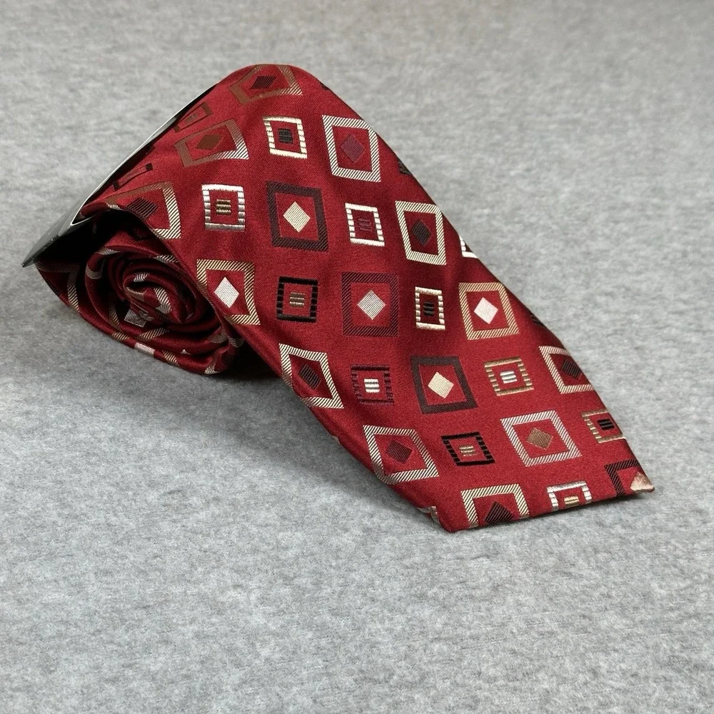 Geoffrey Beene Neck Tie Red Silk Geometric Diamond Pattern NWT